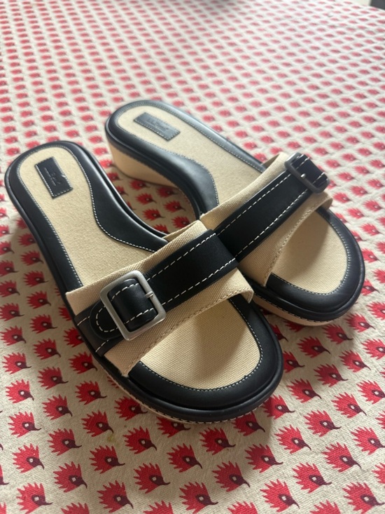 Never worn L.L. Bean Beige and Black Buckle Slide Mules - Picture 2 of 7